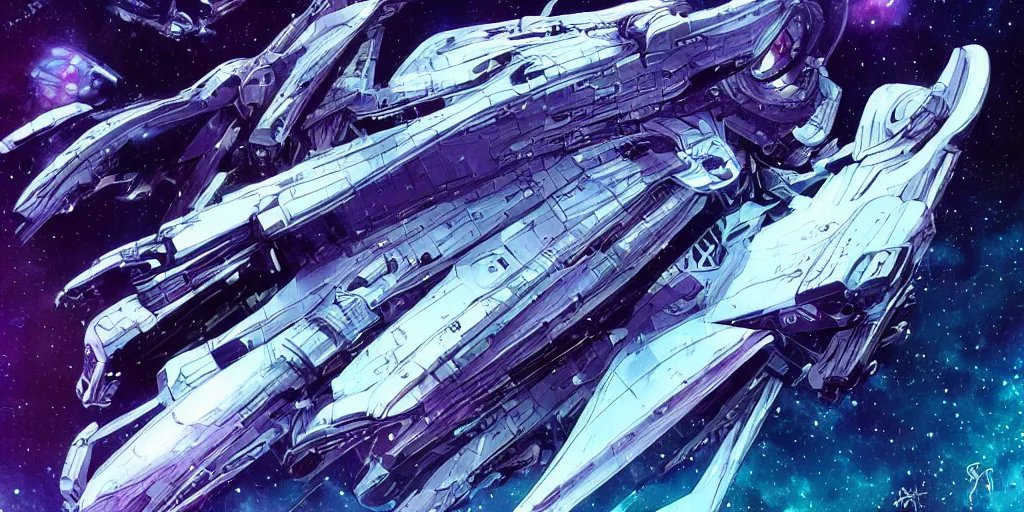 Prompt: spaceship in space, sci-fi, cyberpunk, by Stanley Artgerm, Travis Charest, Carne Griffiths, sleek, futuristic, alien, white, blue, purple, trending on artstation, detailed, intricate, steampunk