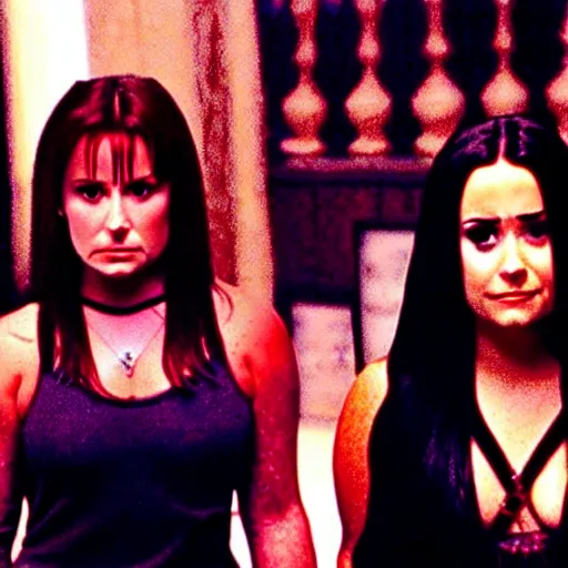 Image similar to close-up of Demi Lovato as Piper Halliwell and Selena Gomez as Phoebe Halliwell and Ariana Grande as Prue Halliwell in a Charmed movie directed by Christopher Nolan, movie still frame, promotional image, imax 35 mm footage