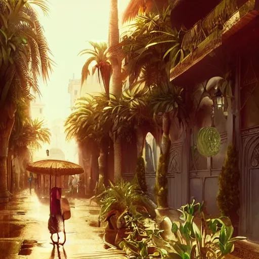 Prompt: frog travels through marrakech streets, palm trees, highly detailed, digital painting, artstation, concept art, smooth, sharp focus, illustration, art by artgerm and greg rutkowski and alphonse mucha