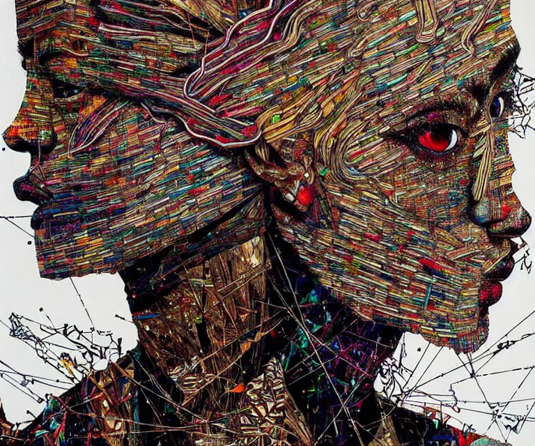 Image similar to nights falling wind is blowwing snow is pilling concept art in style of el anatsui and carne griffiths artwork by xsullo. mix media, biomecanical cyber alian of the whiched,, artwork by el anatsui and carne griffiths artwork by xsullo, insanely detailed, artstation,