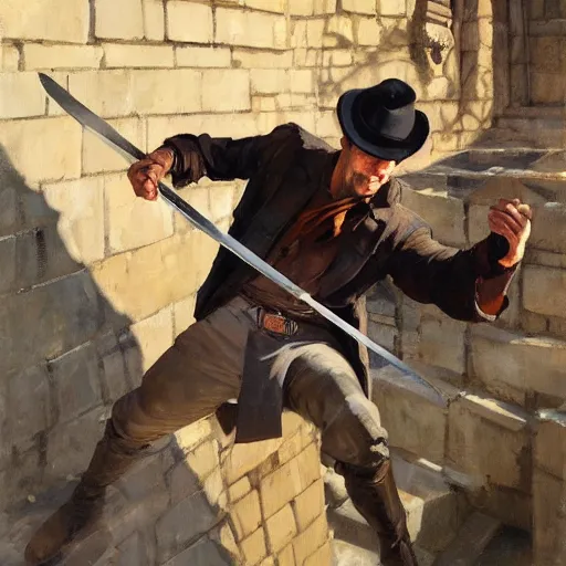 Prompt: greg manchess portrait of a man falling over a sword stuck between cobblestones, profile picture, organic painting, sunny day, matte painting, bold shapes, hard edges, street art, trending on artstation, by huang guangjian, gil elvgren, ruan jia, randy vargas, greg rutkowski