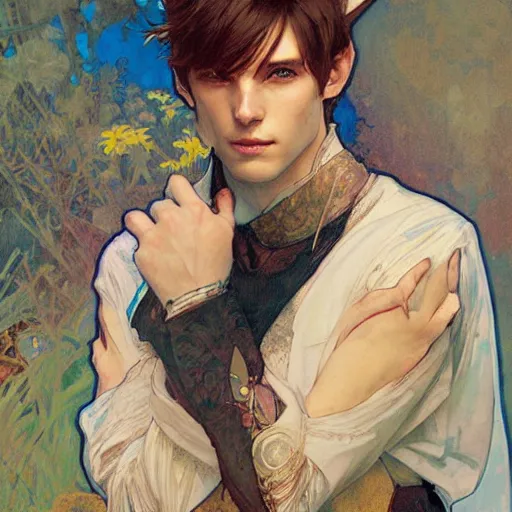 Image similar to Portrait of a pretty fantasy catboy with cat ears. Art by Greg Rutkowski and Alphonse Mucha