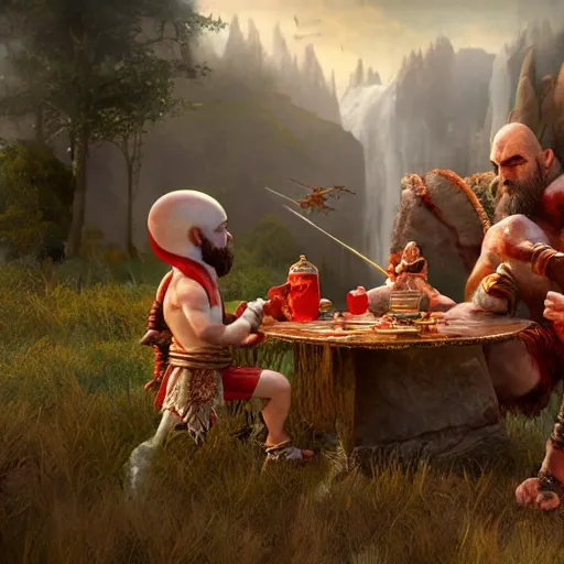 Image similar to god of war having a tea party with little kids, digital painting, 3 d, octane render, accurate