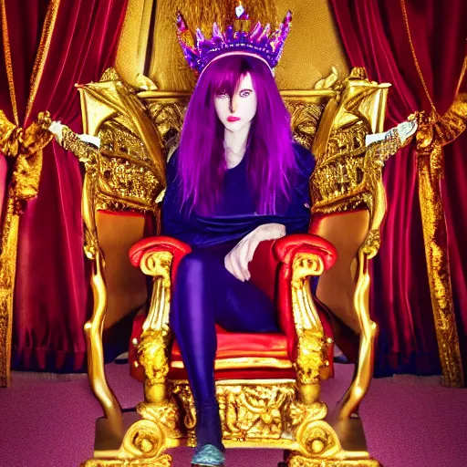 Prompt: A 4k photo skinny woman with purple hair wearing a crown, sitting in a red throne in a dark room.