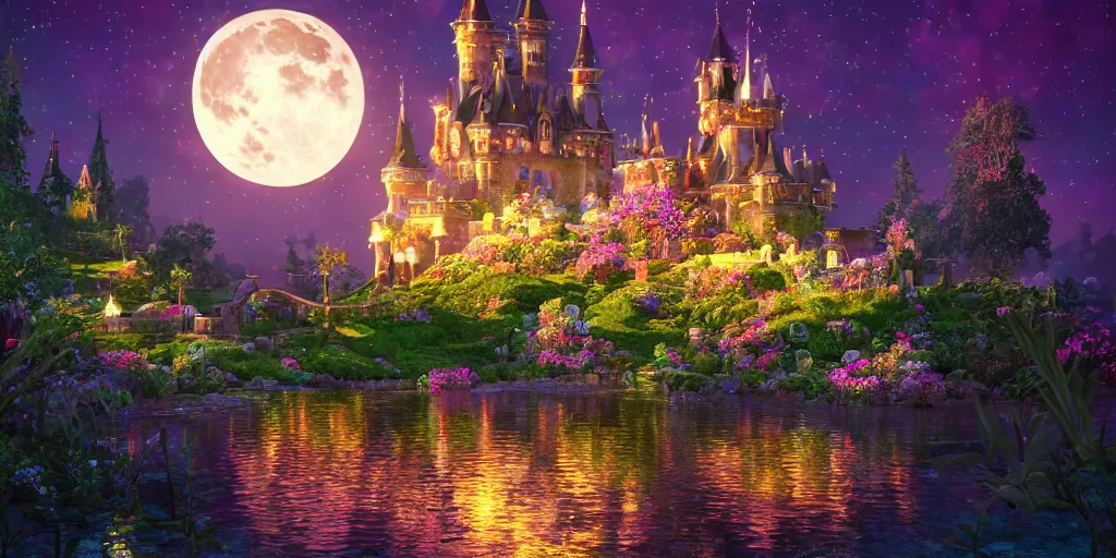 Image similar to a single glittering fairy castle at night, a full moon, water and colourful flowers, extremely detailed oil painting, unreal 5 render, fantasy digital art, octane render, beautiful composition, trending on artstation, award-winning photograph, masterpiece