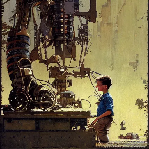 Prompt: a boy fixing his robot, part by Norman Rockwell, part by Greg Rutkowski , part by Mattias Adolfsson, oil on canvas