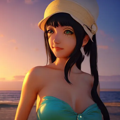 Image similar to Nico Robin, Render of a very beautiful 3d anime girl, long hair, hazel eyes, cute freckles, full round face, short smile, cute sundress, golden hour, serene beach setting, medium shot, mid-shot, highly detailed, trending on Artstation, Unreal Engine 4k