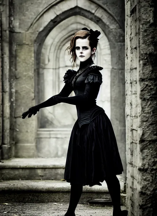 Prompt: Emma Watson for Victorian Secret as goth, squatting pose, full length shot, extremely detailed, XF IQ4, 50MP, 50mm, f/1.4, ISO 200, 1/160s, natural light, Adobe Lightroom, rule of thirds, symmetrical balance, depth layering, polarizing filter, Sense of Depth