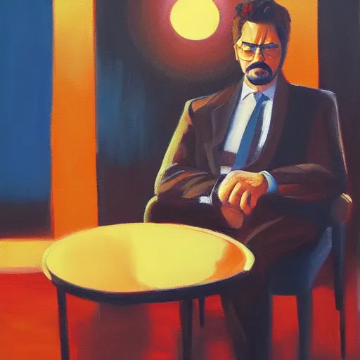 Prompt: oil painting of tony stark sitting in an armchair in a room with the setting sun, by jama jurabaev, brush hard, golden hour, brush stroke