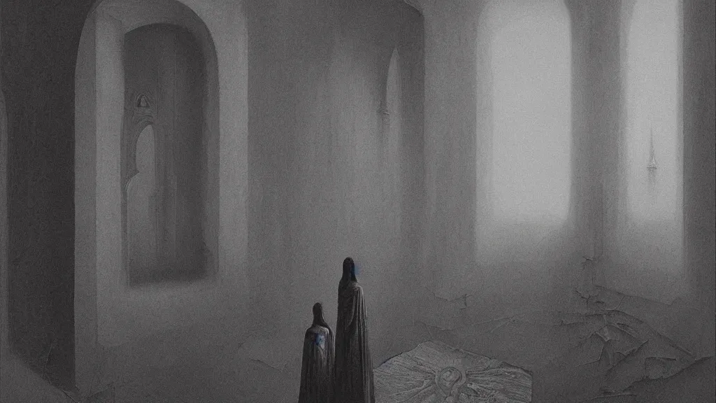 Image similar to a familiar presence waits in the tower by Zdzisław Beksiński, cinematic