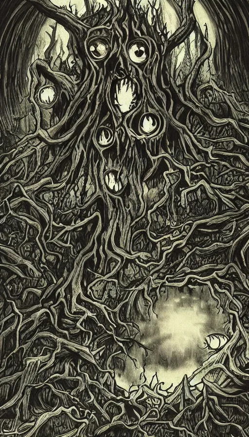 Prompt: a storm vortex made of many demonic eyes and teeth over a forest, by studio 4 c