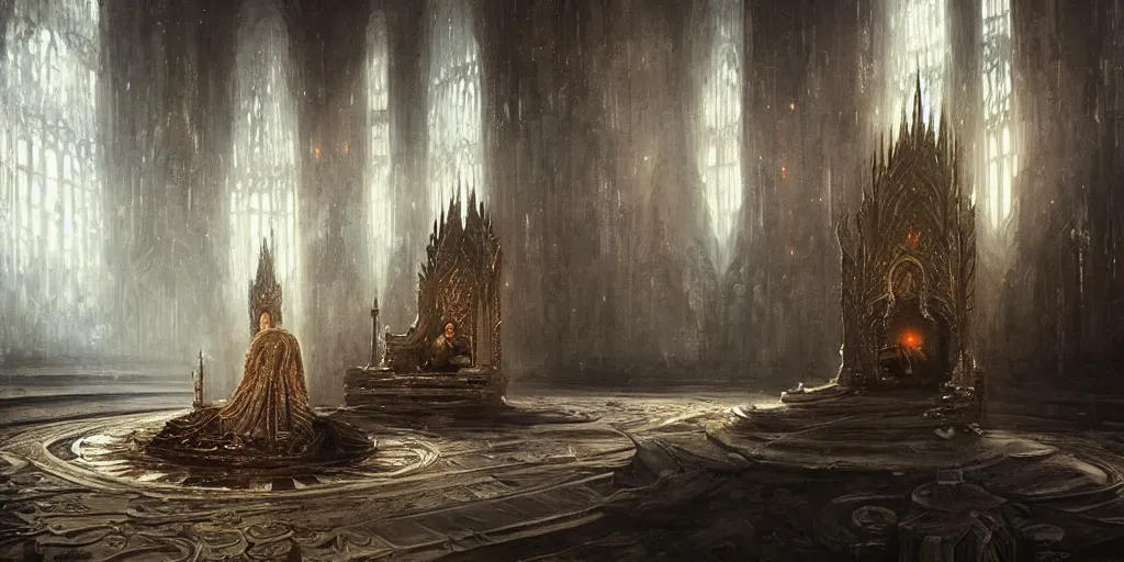 Image similar to Sauron resting in his throne, throne room, oil painting, by Greg Rutkowski