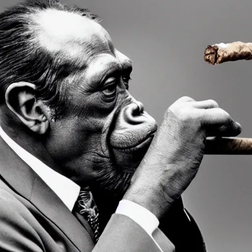 Prompt: a gentleman chimp who is smoking a cigar while presenting the weather report