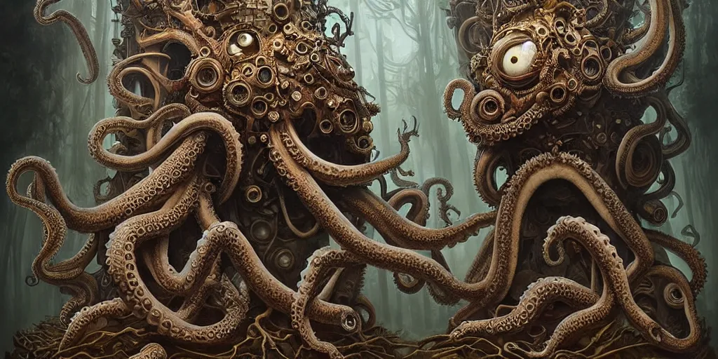 Image similar to biomechanical creature with big octopus head guarding an ancient chest in a mystic forest, gothic and baroque, brutalist architecture, ultradetailed, Intricate by Ellen Jewett and Josan Gonzalez and Giuseppe Arcimboldo