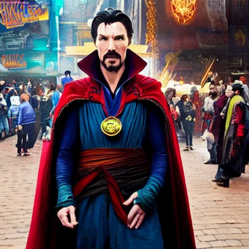 Image similar to a photo of Doctor Strange ((from Marvel)) asking for a bargain at the flea market, 8k UHD