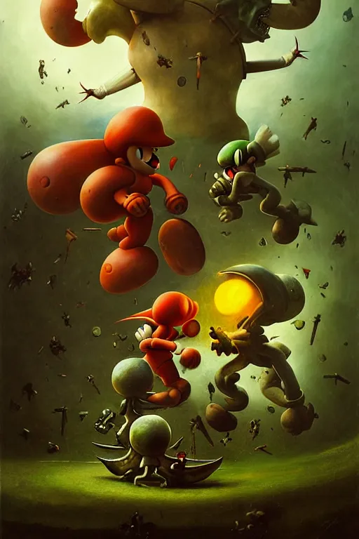 Image similar to hieronymus bosch, greg rutkowski, anna podedworna, painting of samus aran fighting mario and luigi