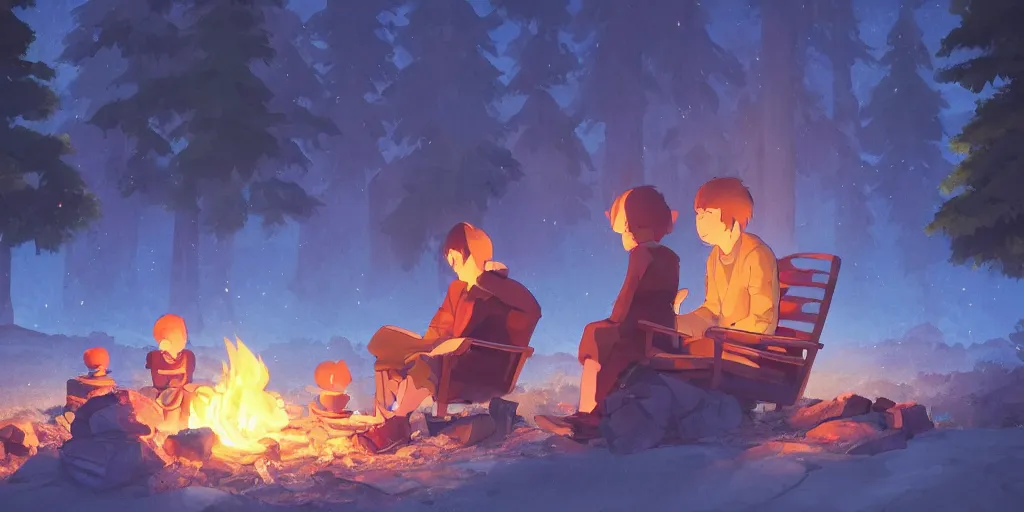 Image similar to a wholesome animation key shot of a focused traveler sitting at a campfire at night, medium shot, waist up, studio Ghibli, Pixar and Disney animation, sharp, very detailed, high resolution, Rendered in Unreal Engine 5, anime key art by Greg Rutkowski, Bloom, dramatic lighting