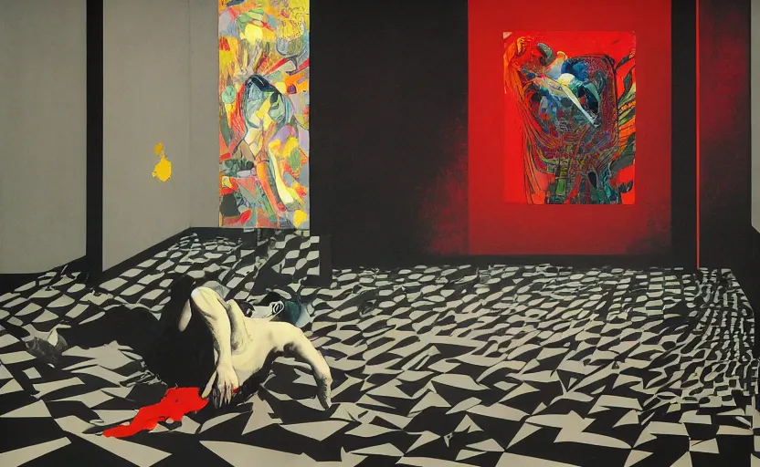 Image similar to decollage painting old man struggle in a room of old palace by adrian ghenie and takato yamamoto and edward hopper and mark ryden and tsutomu nihei, part by bridget riley, acrylic pour and splashing paint, very coherent, baroque elements, perfect anatomy, intricate design. pop art.