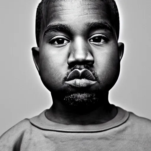 Image similar to the face of young kanye west wearing yeezy clothing at 8 years old, black and white portrait by julia cameron, chiaroscuro lighting, shallow depth of field, 8 0 mm, f 1. 8