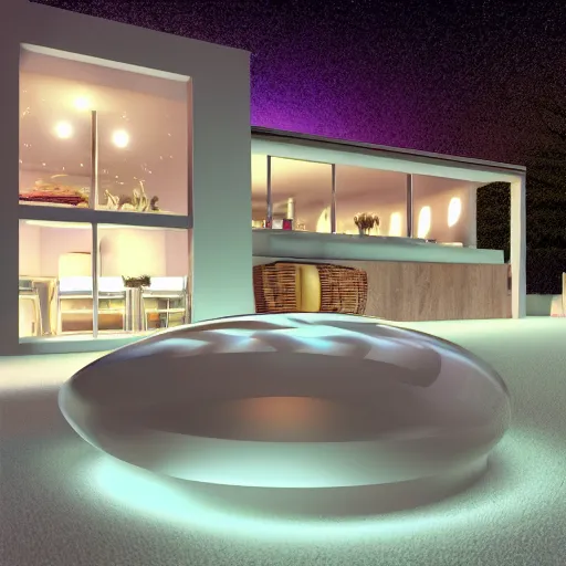 Prompt: crystal ball with mini modern house with led strip lights inside it, octane render hyperdetailed,