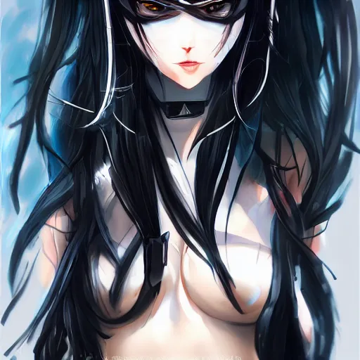 Image similar to upper body portrait of a beautiful girl with long black hair, wearing black riot gear, holding AR-15, drawn by WLOP, by Avetetsuya Studios, attractive character, colored sketch anime manga panel, trending on Artstation