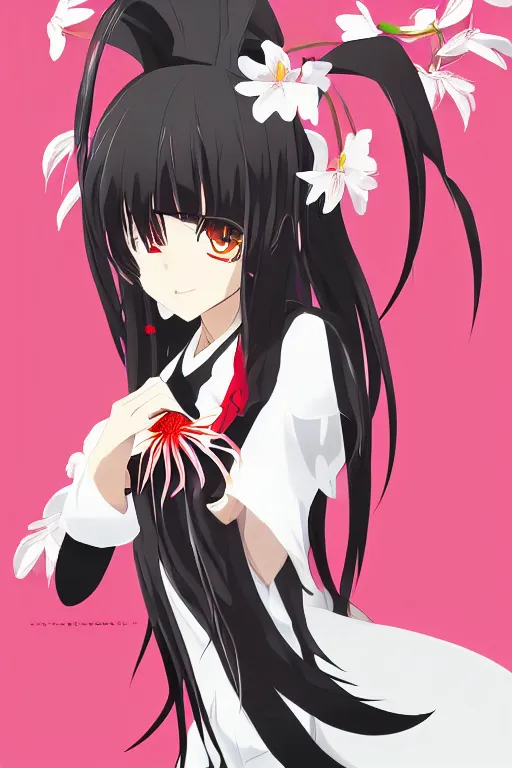 Image similar to Key anime visual of a beautiful girl with black hair and red eyes holding a spider lily; wearing white blouse with black tie; trending on Pixiv; digital art