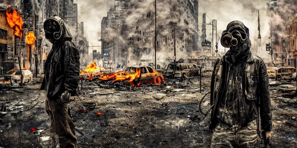 Prompt: post - apocalyptic city streets, close - up shot of an anarchist with a gasmask, burned cars, colorful smoke, hyperrealistic, gritty, damaged, dark, urban photography, photorealistic, high details