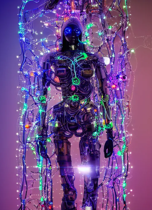 Image similar to intricate cyborg pilot girl with electromechanical robot parts, growing from motherboard wall, connected made of and covered with many colorful wires, featuring beautiful detailed machined crystal eyes glowing with nebula, background glowing game server powered by galaxies. backlit luminous shiny metallic