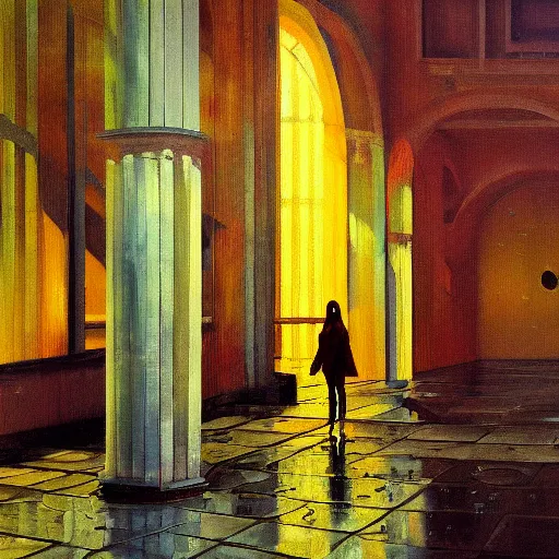 Image similar to scene, moment, beautiful woman, courtyard, capital, cybermosque interior, control panel, watcher, omniscient, tech noir, wet reflections, impressionism, matte painting, speed painting, chiaroscuro, oil on canvas