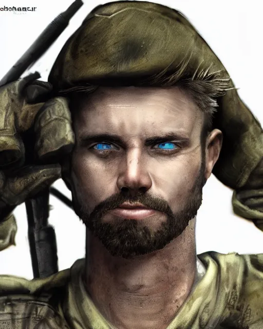 Prompt: portrait of muscular, tired and alcoholic 3 0 - year - old handsome man with short darkblonde hair, serious sad look in his eyes, dirty beard, blue eyes, wearing dirty soldier uniform, on the desert, hyper realistic face, beautiful eyes, character art, art by mark brooks, hyperdetailed, cryengine, trending on artstation, digital art
