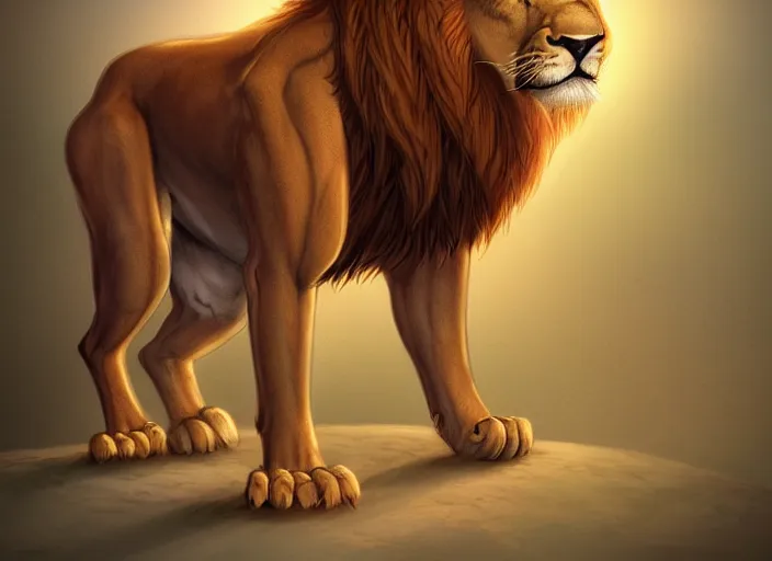 Image similar to fullbody feral lion character design of an egyptian lion. deviantart adoptable, style of maple story and zootopia, portrait studio lighting by jessica rossier and brian froud in the style of disney, traditional
