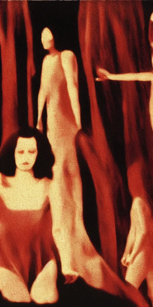 Image similar to a film still of suspiria by dario argento 1 9 7 7 movie, painted by georges seurat, impressionism, grainy blur, low shutter, high quality, detailed, print!