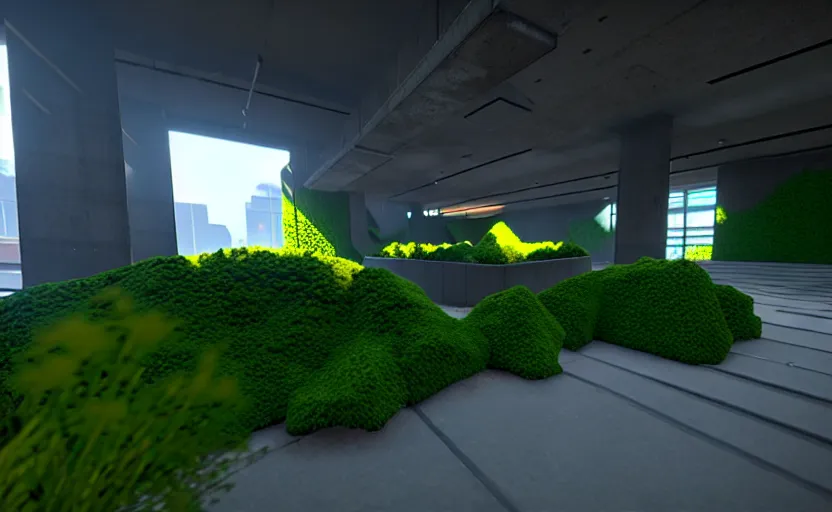 Image similar to in-game screenshot on unreal engine 5, in a liminal underground garden, retrofuturism, brutalism, staggered terraces, minimalist