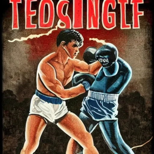 Prompt: Boxing poster: Nicolai Tesla vs Thomas Edison, AC vs DC, art, trending,