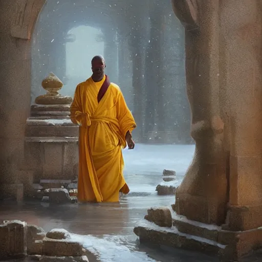 Prompt: anthropomorphic bipedal hippopotamus humanoid wearing saffron robe by greg rutkowski, water temple, winter, fantasy