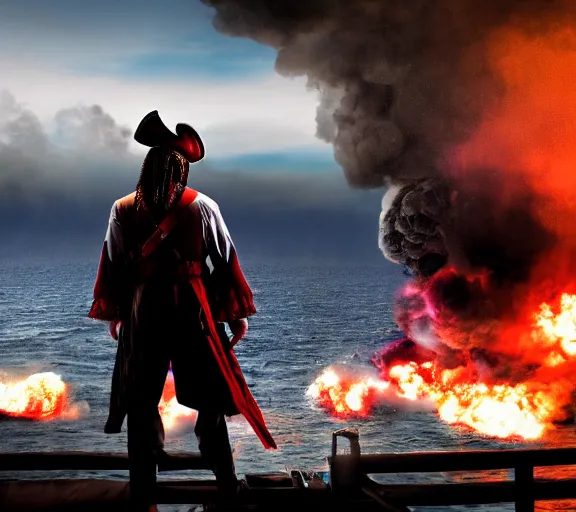 Image similar to a pirate standing on the edge of the ship, big explosion on the background, dramatic atmosphere, in the style of terminator