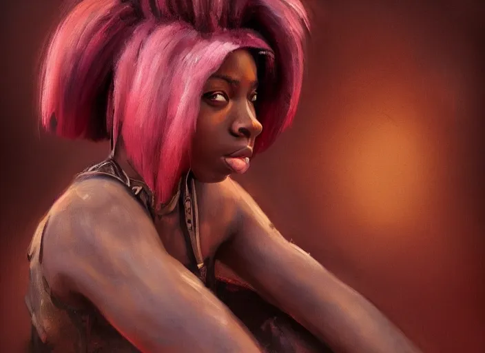 Image similar to landscape, portrait painting beautiful realism, an african girl pink hair in wood armor who was sprawled out was about to rise, his face covered in blood. cinematic scene, good lighting, fine art, trending on artstation, smooth draw, sharp focus.