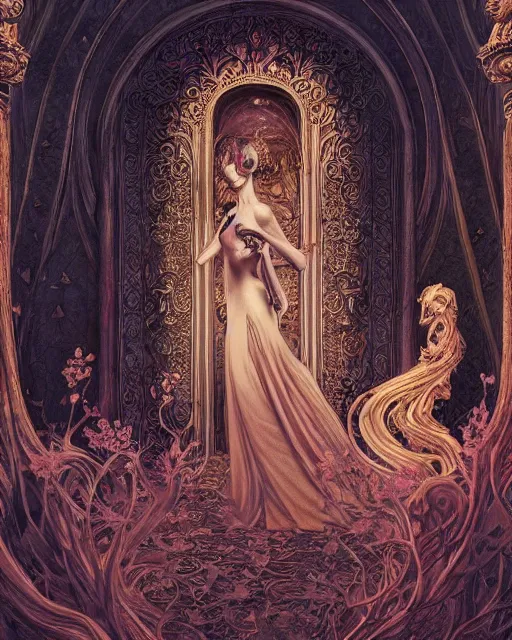Prompt: a beautiful detailed front view of a dead rotten princess dressed in ornate baroque, ornamentation, elegant, beautifully soft lit, by wayne barlowe, peter mohrbacher, kelly mckernan