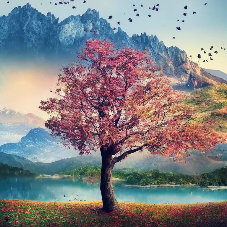 Image similar to a beautiful awesome artistic tree with falling flowers like leaves and many birds, all in the amazing outdoors view, mountain in the background, lake, long exposure, 8 k resolution, trending on artstation