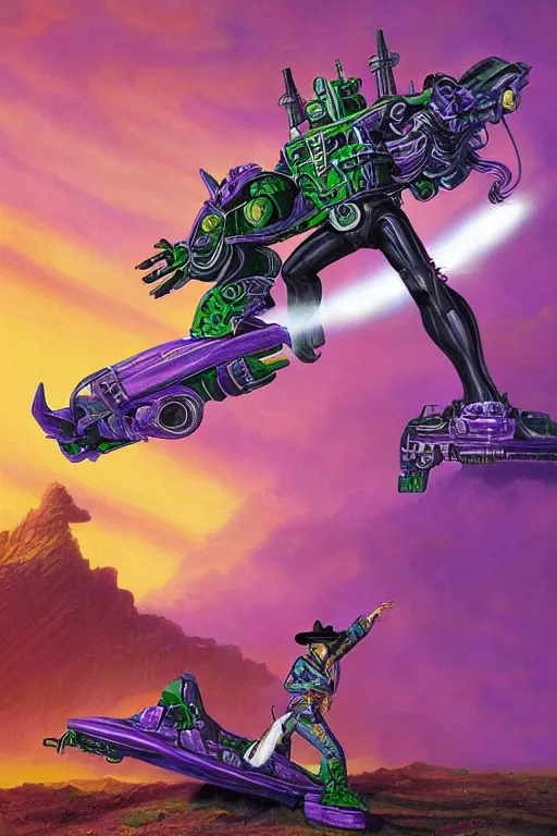 Image similar to portrait of cowboy johnny cash as purple green optimus prime from transformers surfing tonic fluid on guitar zord ufo hoverboard, intricate, highly detailed, smooth, artstation, digital illustration by Lisa Frank and Ruan Jia and Mandy Jurgens and Artgerm and Wayne Barlowe and Greg Rutkowski and Zdislav Beksinski