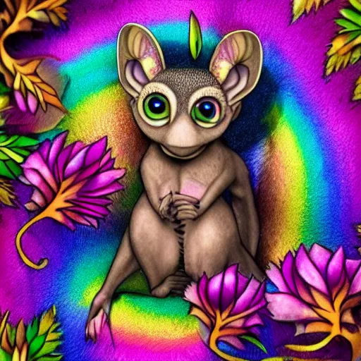 Image similar to shoulder tattoo of a multicolored trippy bushbaby with rainbow colored spiral eyes, long fur in rainbow colors, surrounded with a ring of colorful leaves and flowers, insanely integrate