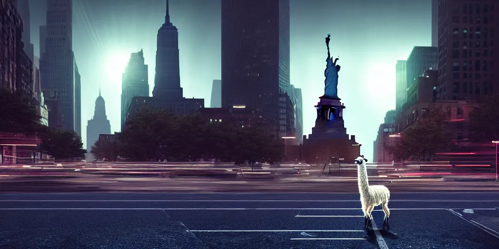 Image similar to a llama walking through a desolate manhattan city street at night, statue of liberty seen in the background, realistic 4 k octane beautifully detailed render, 4 k post - processing, highly detailed, detailed face, intricate complexity, epic composition, magical atmosphere, cinematic lighting, masterpiece, color picture, ultra hd