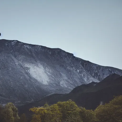 Image similar to a black dot in the sky stretching out a mountain, dark lighting, landscape