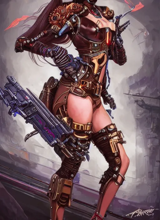 Image similar to front portrait of attractive Lady Mechanika standing while holding futuristic guns that wrap their arms, Intrincate steampunk imagery , D&D!, fantasy style, sharp focus!, ultra detailed, art by Artgerm and Peter Andrew Jones, WLUP