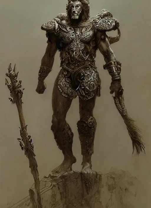 Image similar to hercules in lion ornamented armor, wearing cape, beksinski, hercules concept art, weta workshop concept art