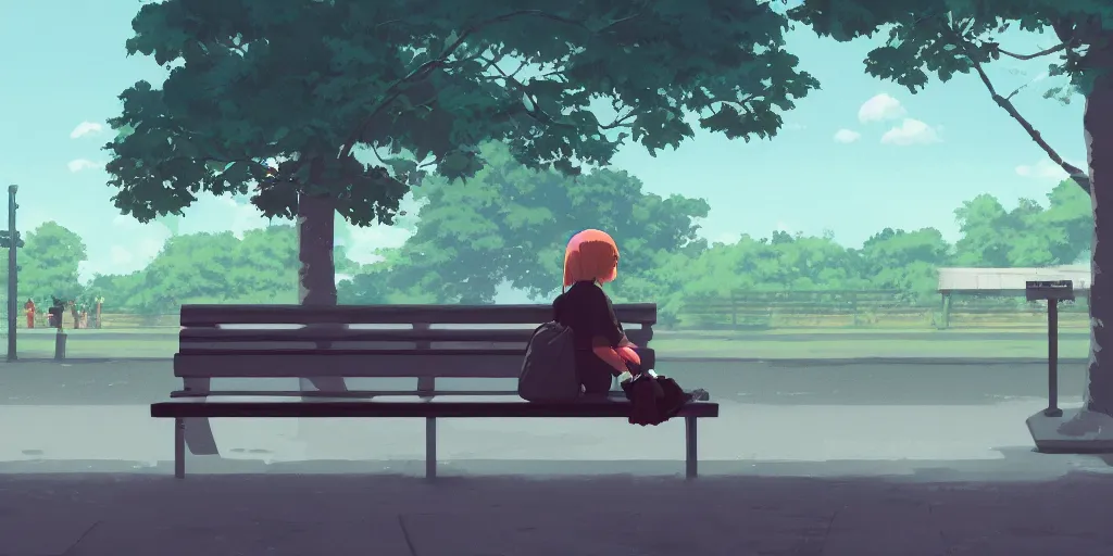 Image similar to lonely girl sitting on a bench waiting at a train station, evening, detailed matte painting, low angle view, telephoto lens, bokeh, studio ghibli, artstation