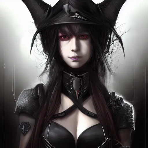 Image similar to portrait of a female dark elf by ayami kojima, she is about 2 0 years old, american, black hair, introvert, she is wearing a modern witch tactical gear, scifi, highly detailed portrait, digital painting, artstation, concept art, smooth, sharp foccus ilustration, artstation hq