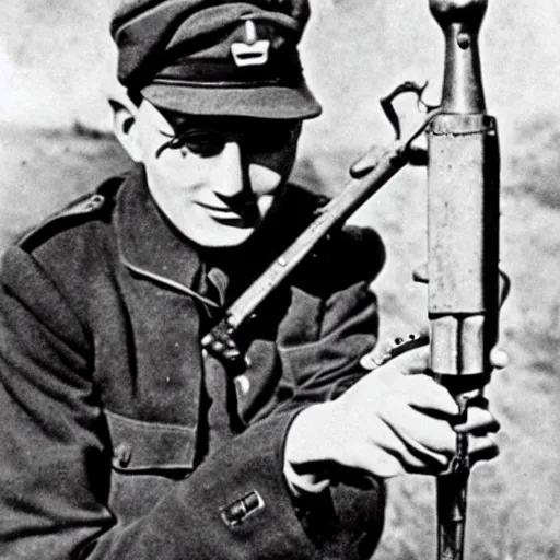 Image similar to old wartime photograph of harry potter holding a lewis gun, 1 9 1 7