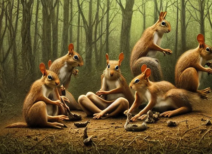 Prompt: photo, squirrels sitting around a gory circle, woodland location, stefan kostic and david cronenberg, realistic, sharp focus, 8 k high definition, intricate, chiaroscuro, elegant, perfect faces, symmetrical face, extremely detailed, hypnotic eyes, realistic, fantasy art, masterpiece zdzislaw beksinski, national geographic, artgerm