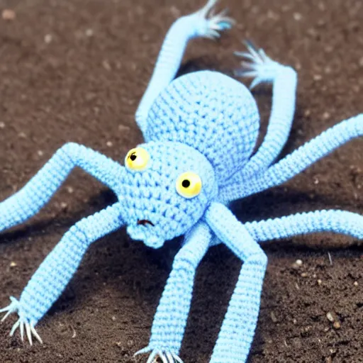 Image similar to cute fluffy light blue color spider with short arms and big eyes crochet doll standing on sand, hyperrealistic photograph, highly detailed, tactile, 8k, close up, macro